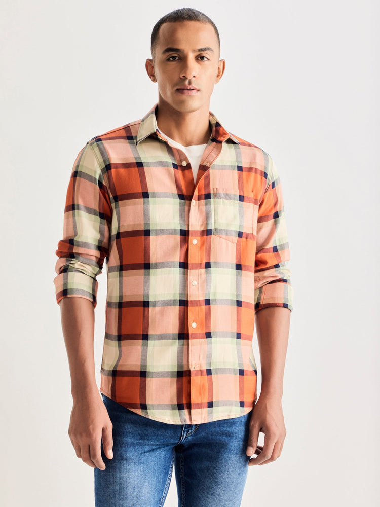 Orange Pure Cotton Checked Shirt