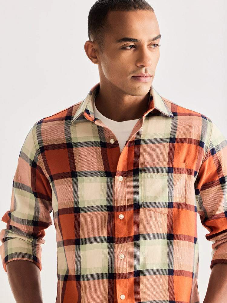 Orange Pure Cotton Checked Shirt