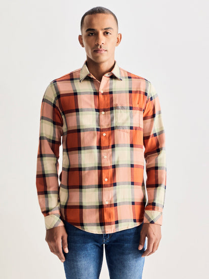 Orange Pure Cotton Checked Shirt