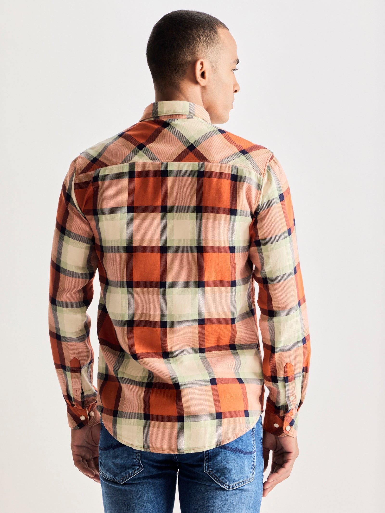 Orange Pure Cotton Checked Shirt