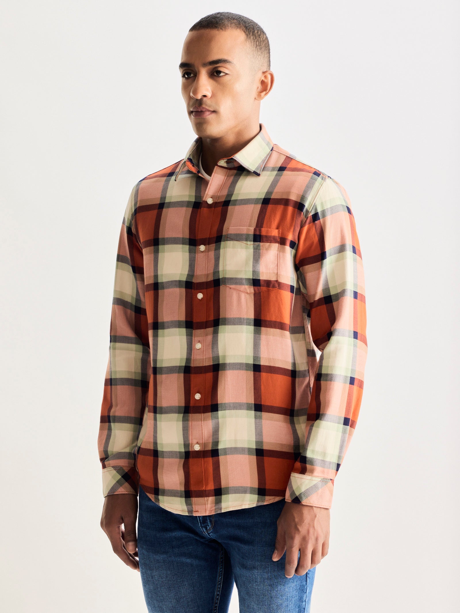 Orange Pure Cotton Checked Shirt