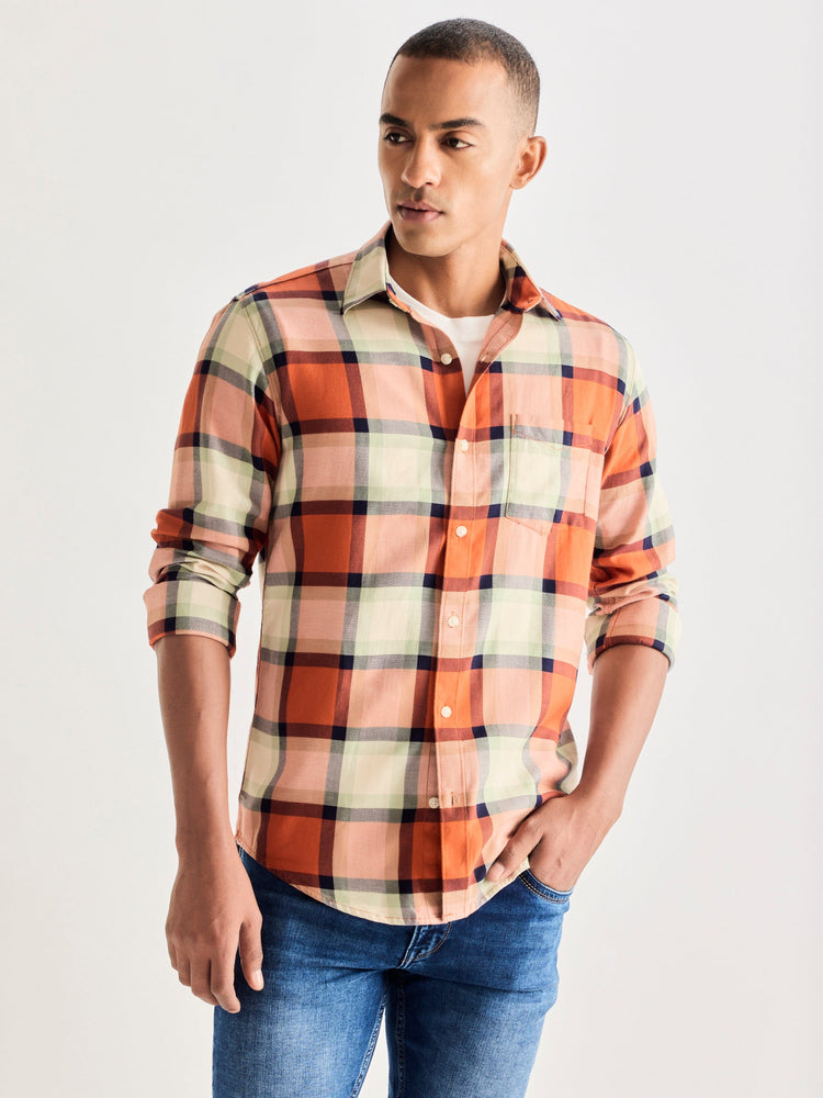 Orange Pure Cotton Checked Shirt