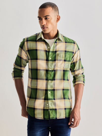 Green Pure Cotton Checked Shirt