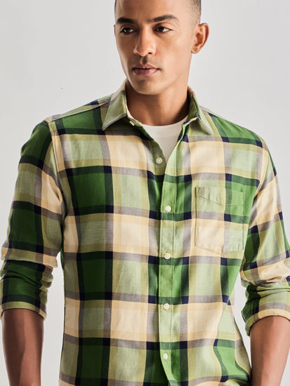 Green Pure Cotton Checked Shirt