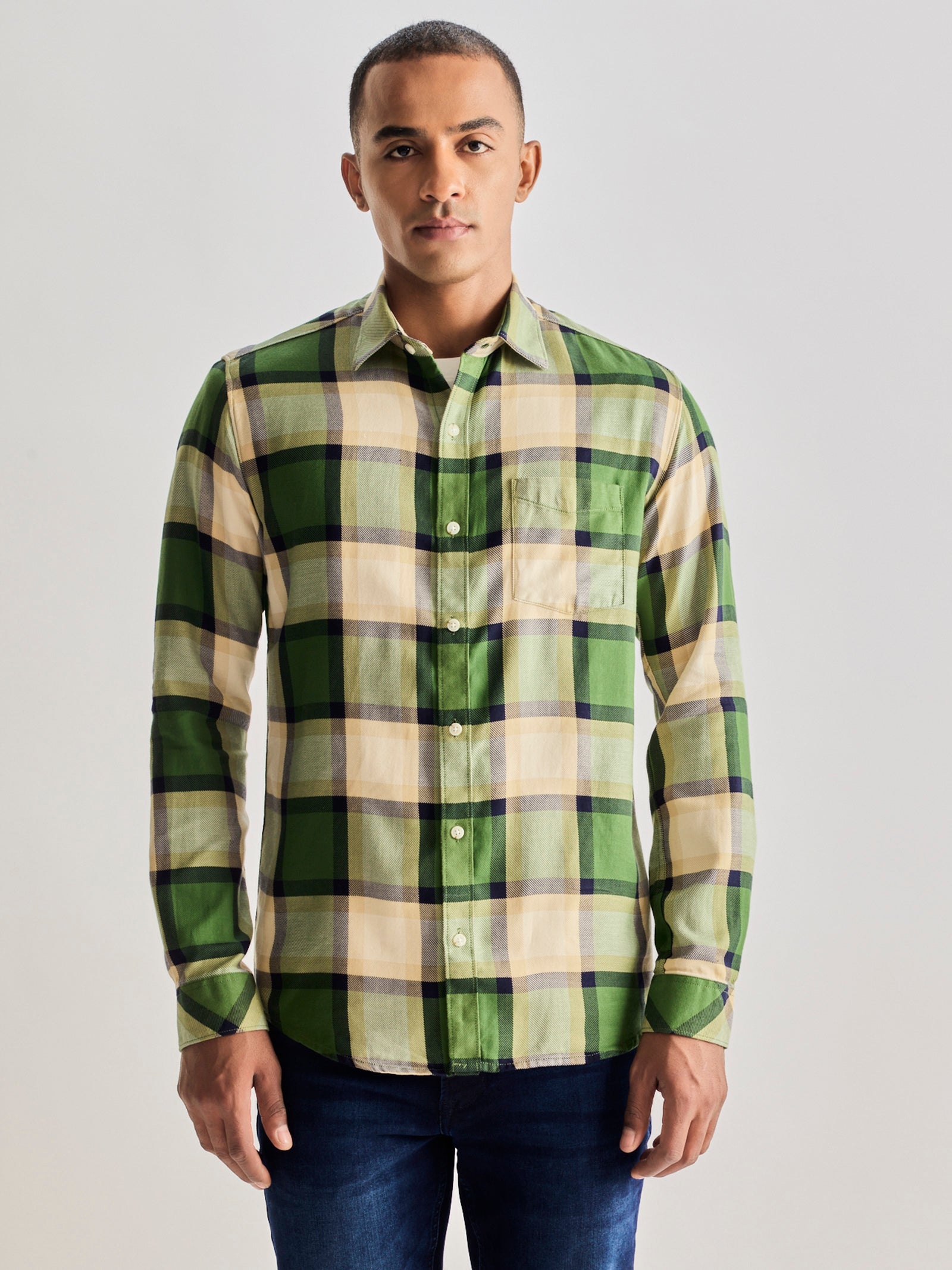 Green Pure Cotton Checked Shirt