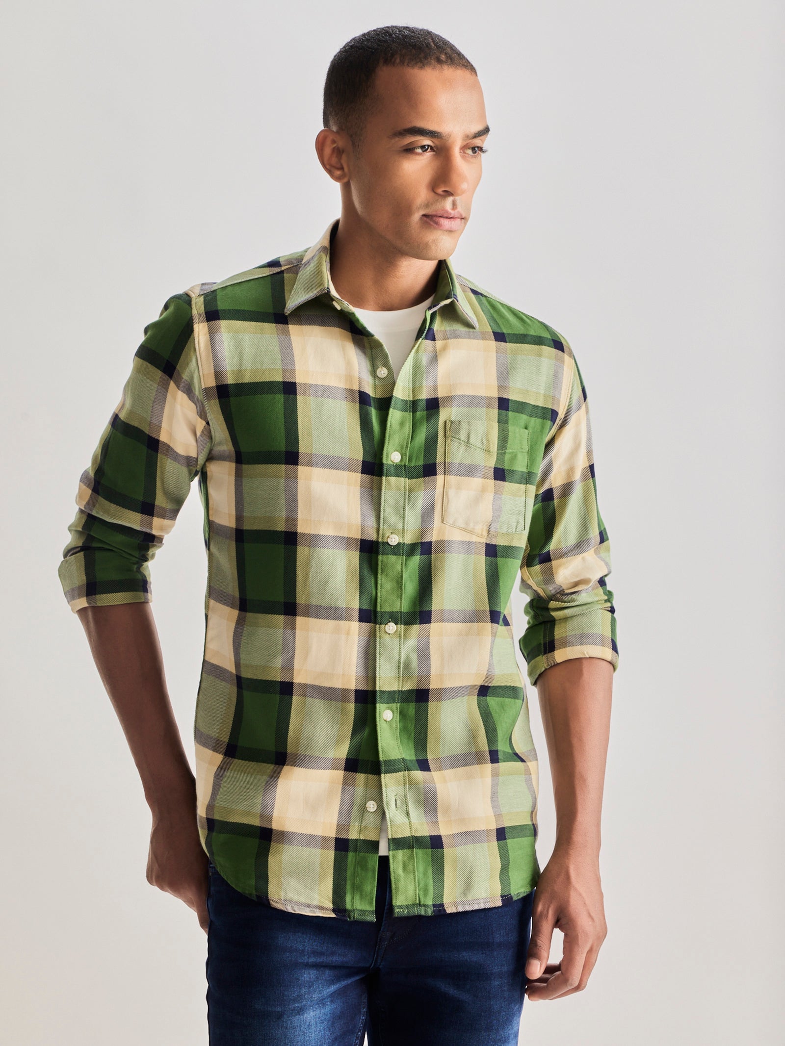 Green Pure Cotton Checked Shirt