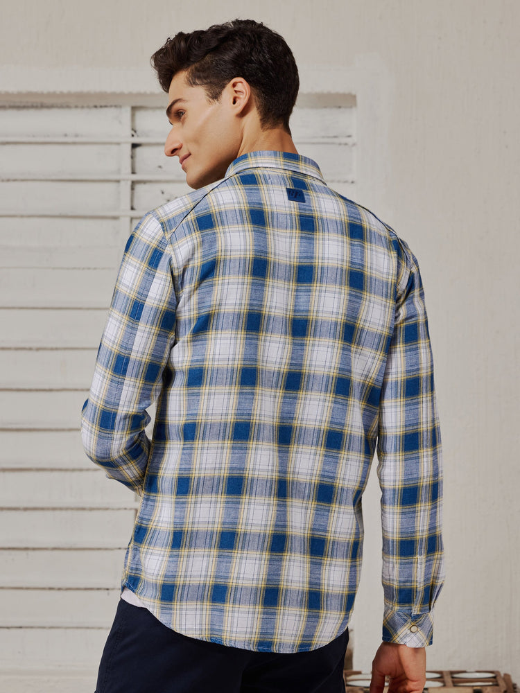 Blue Denim Checked Cargo Shirt