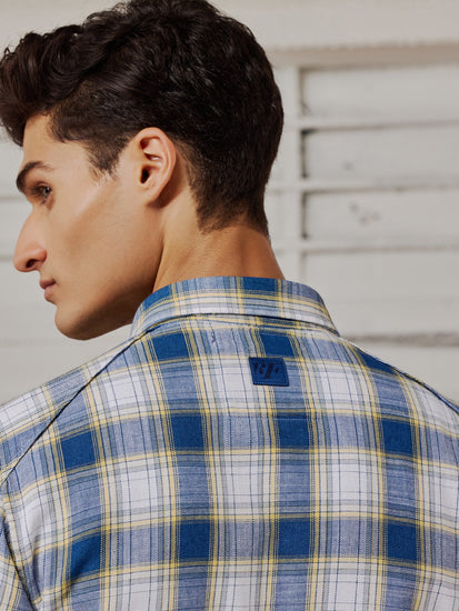 Blue Denim Checked Cargo Shirt