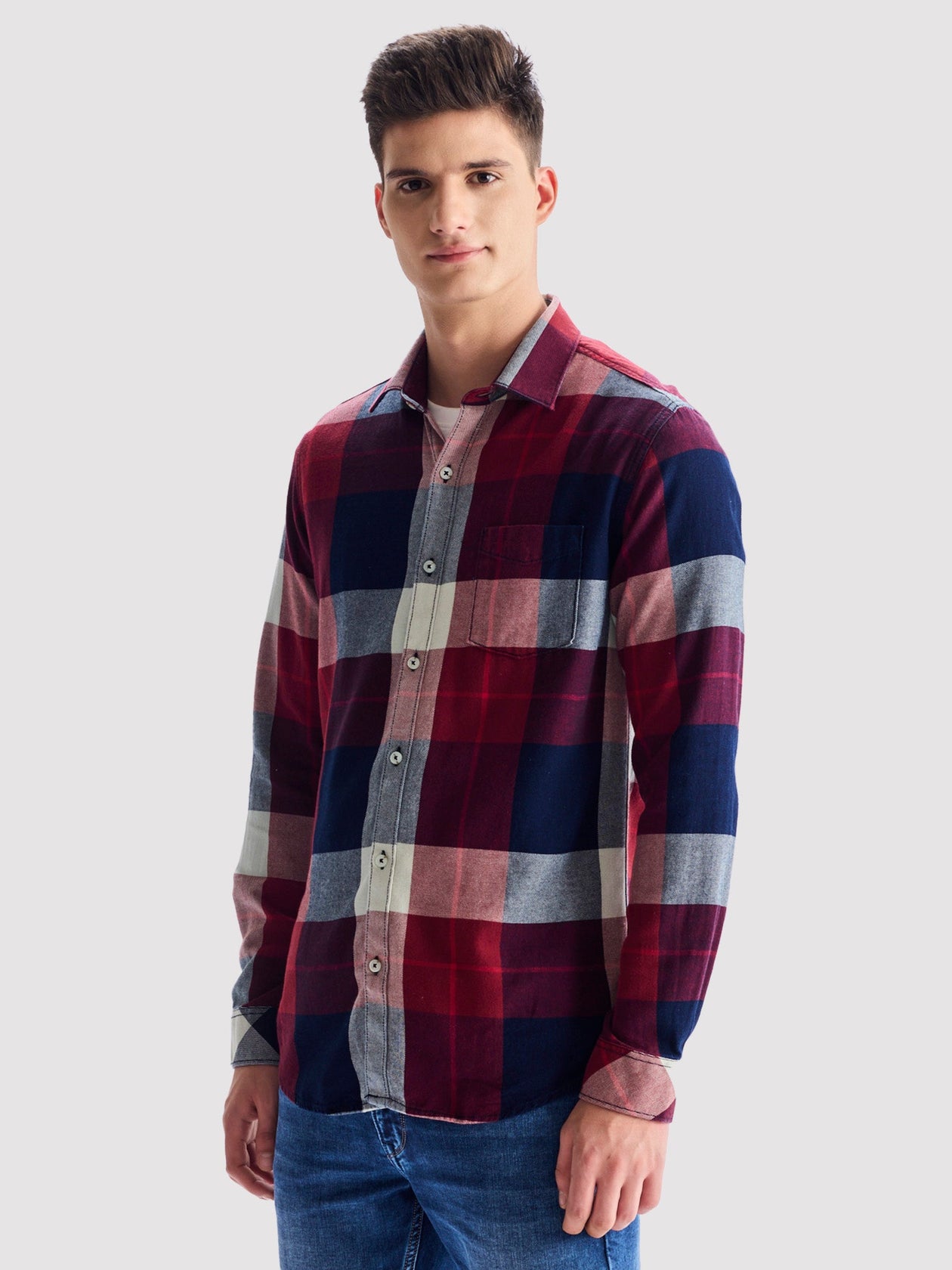 Buy Maroon Checked Denim Shirt for Men Online Red Flame