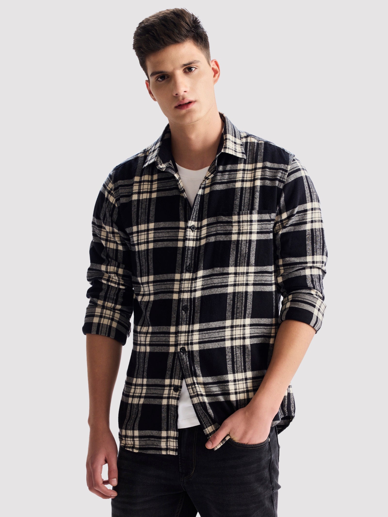 Black Brushed Cotton Checked Shirt