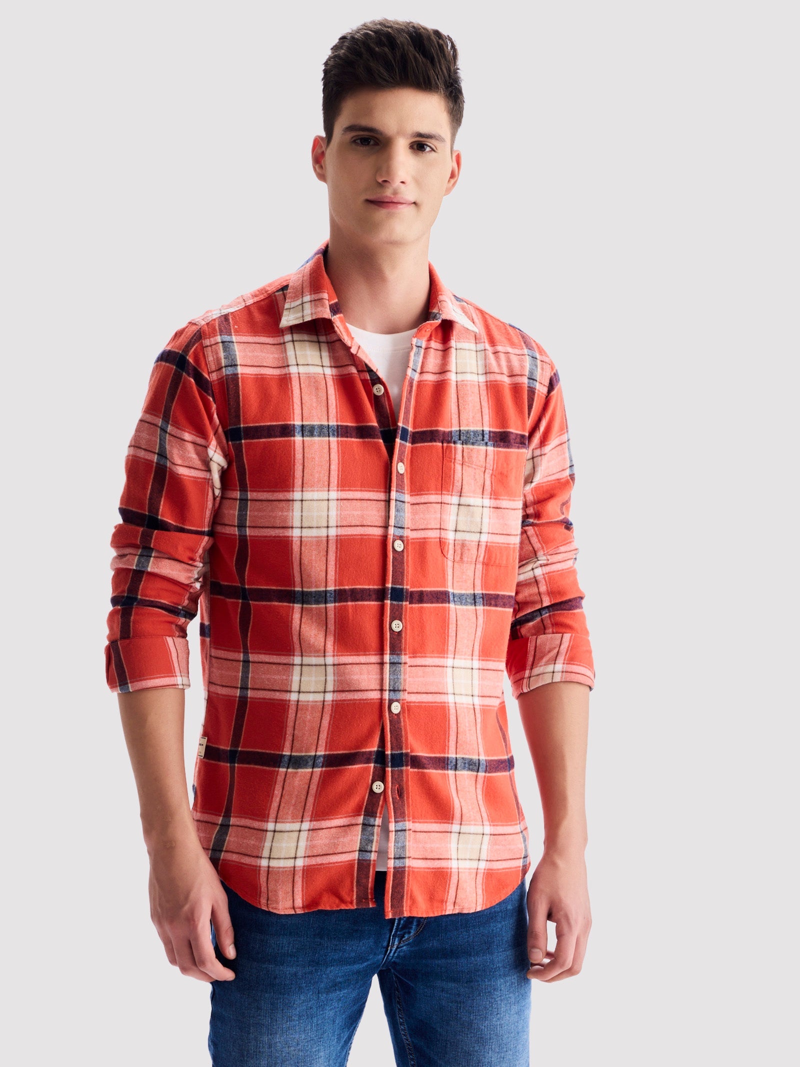 Orange Brushed Cotton Checked Shirt