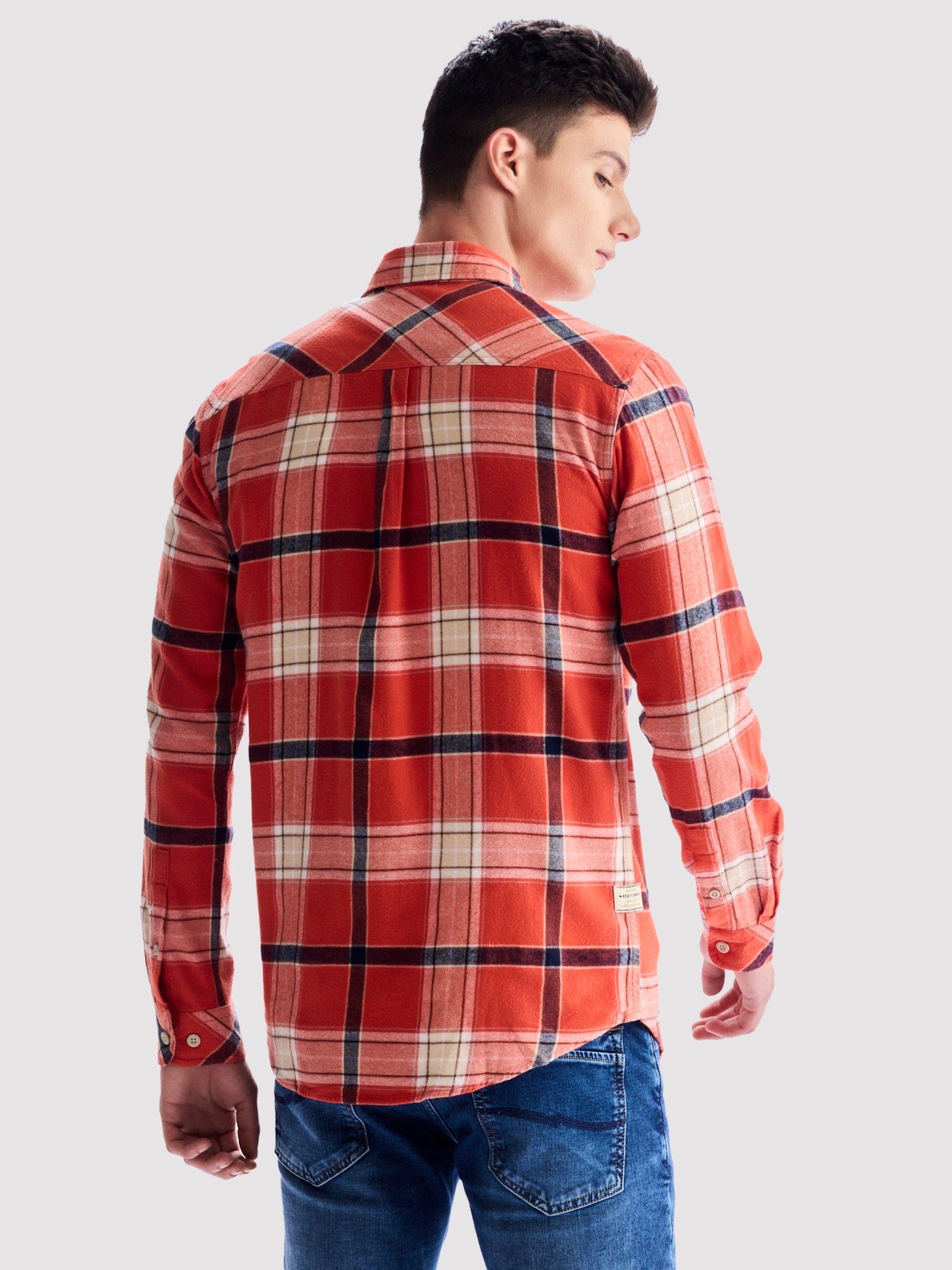 Orange Brushed Cotton Checked Shirt