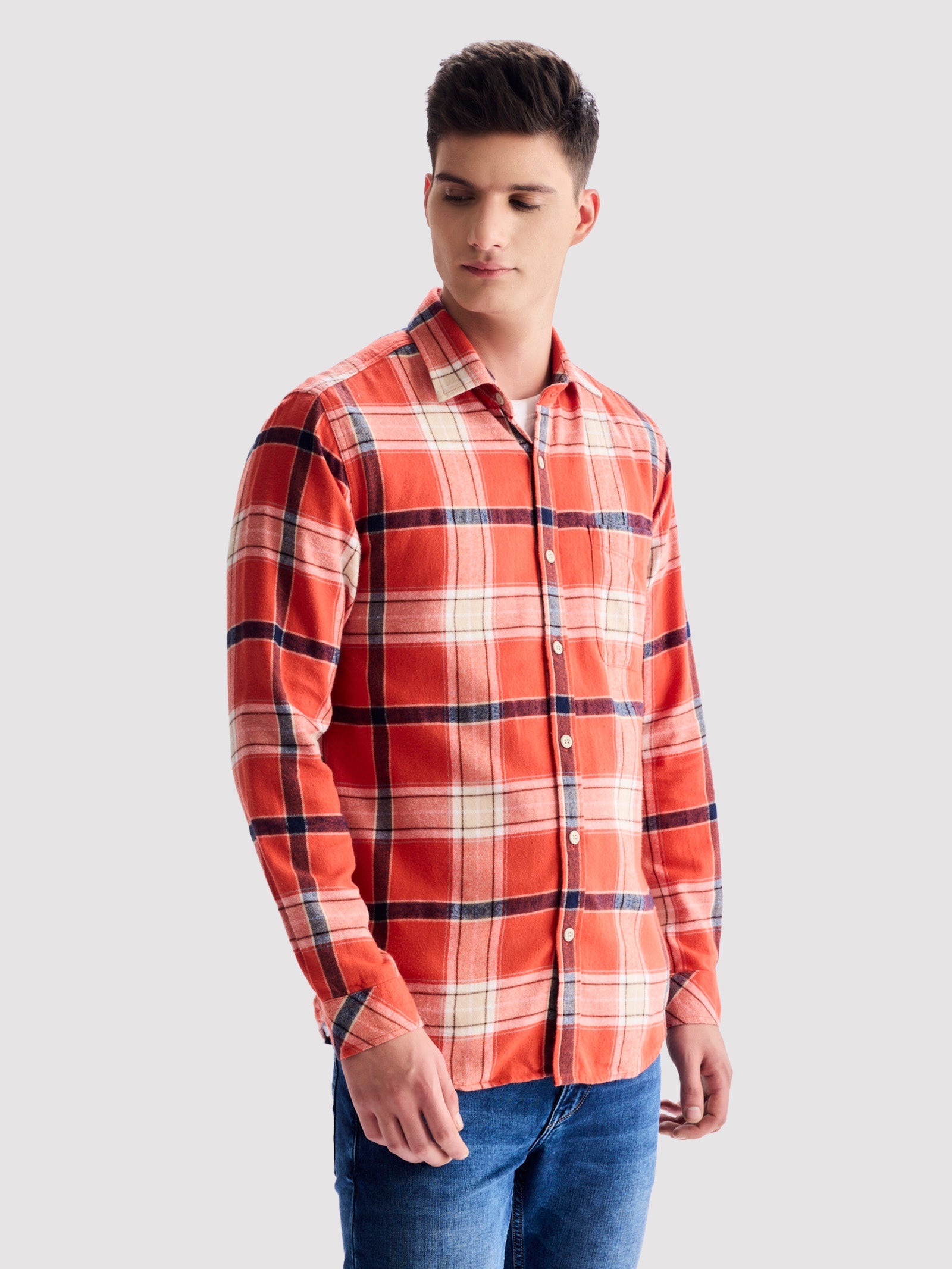 Orange Brushed Cotton Checked Shirt