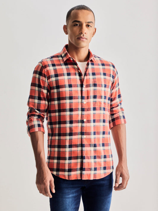 Orange Brushed Cotton Checked Shirt