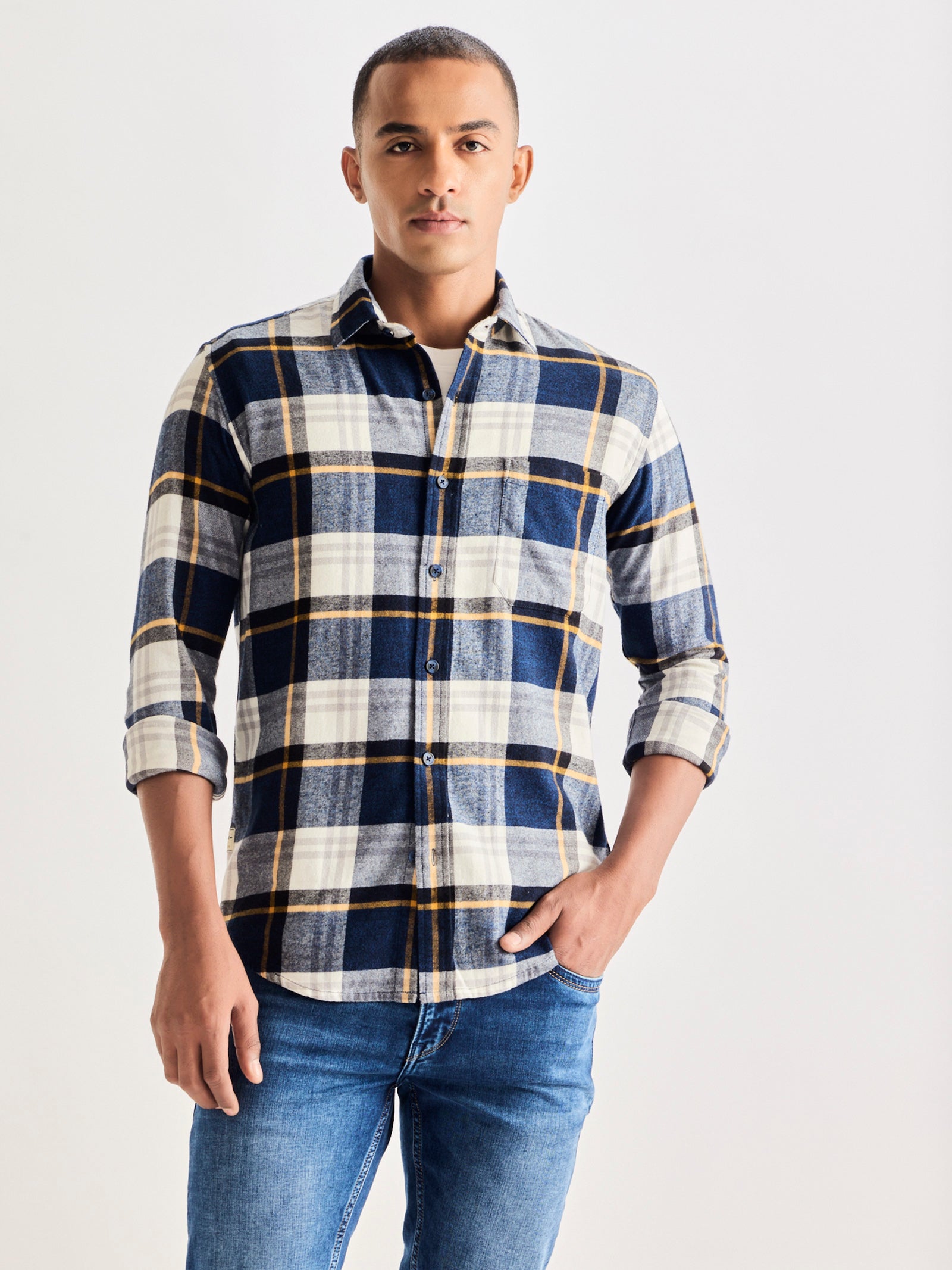 Navy Brushed Cotton Checked Shirt