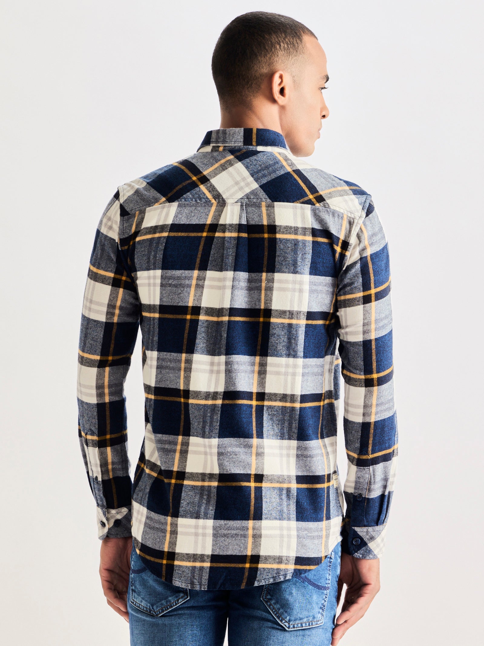 Navy Brushed Cotton Checked Shirt