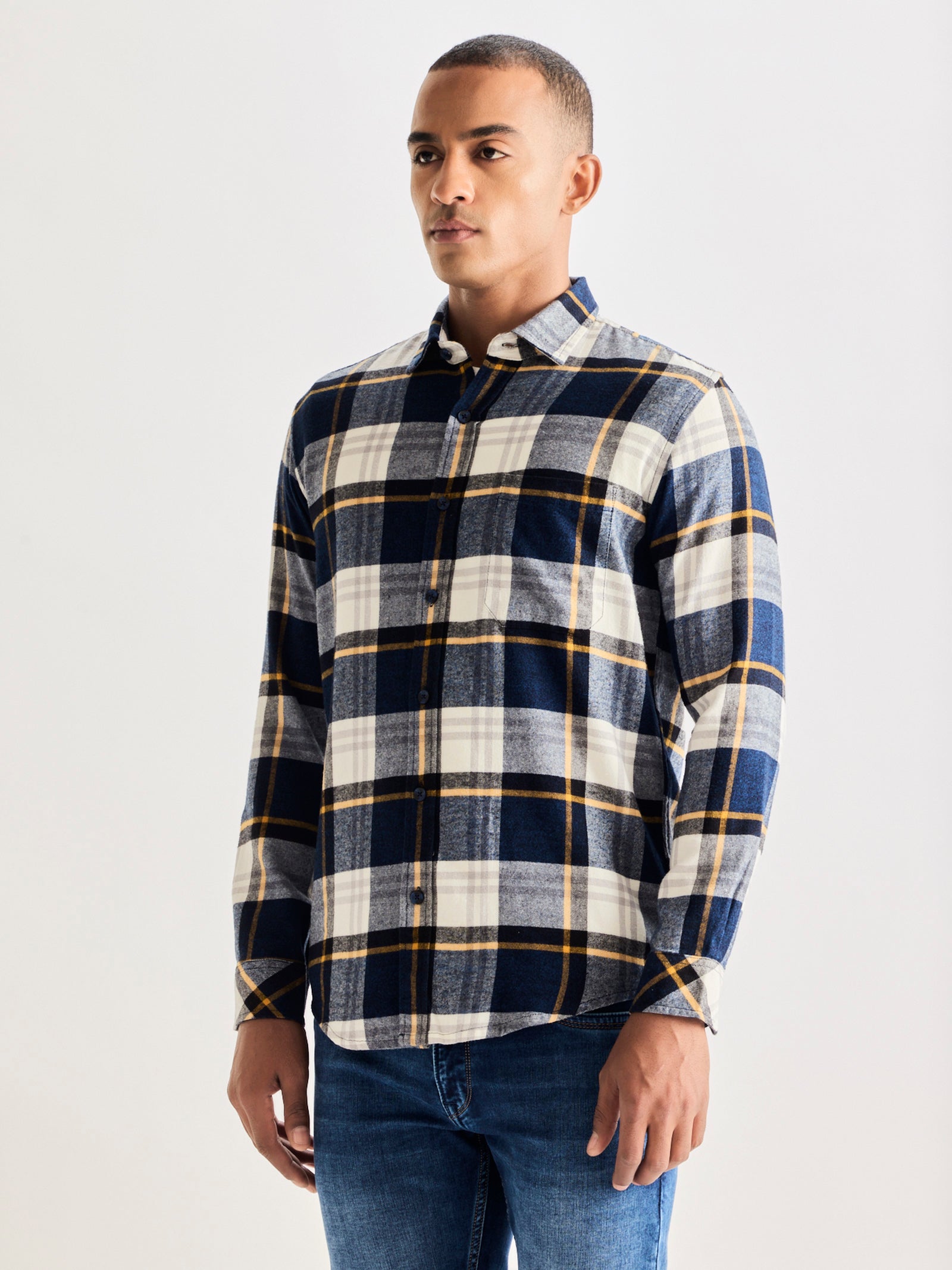 Navy Brushed Cotton Checked Shirt