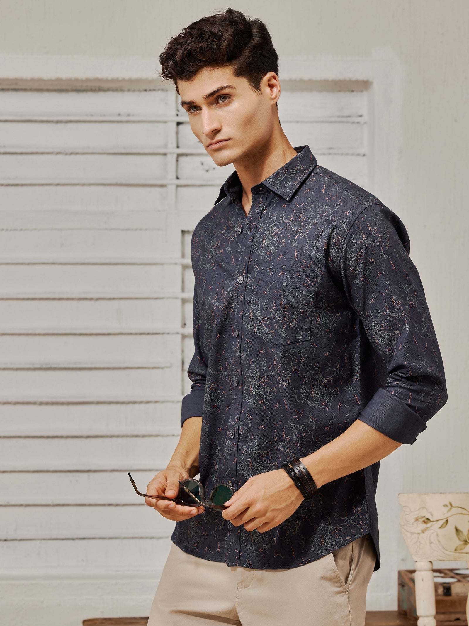 Grey Textured Stretch Printed Shirt