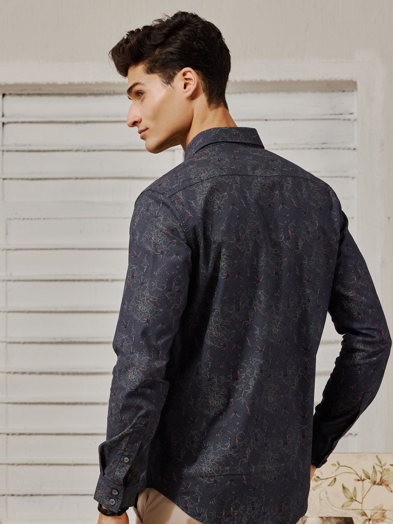 Grey Textured Stretch Printed Shirt