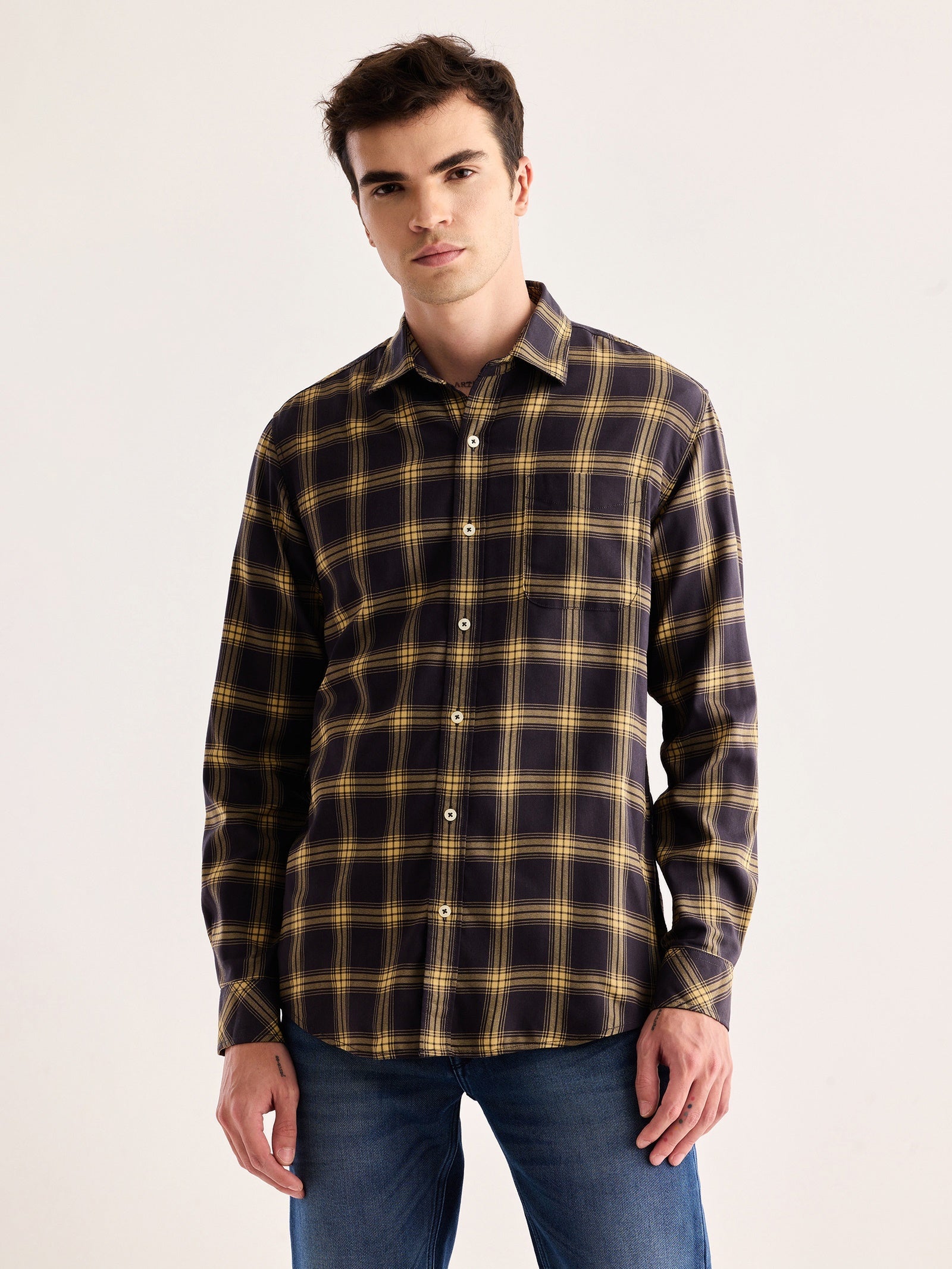 Grey Checked Stretch Shirt