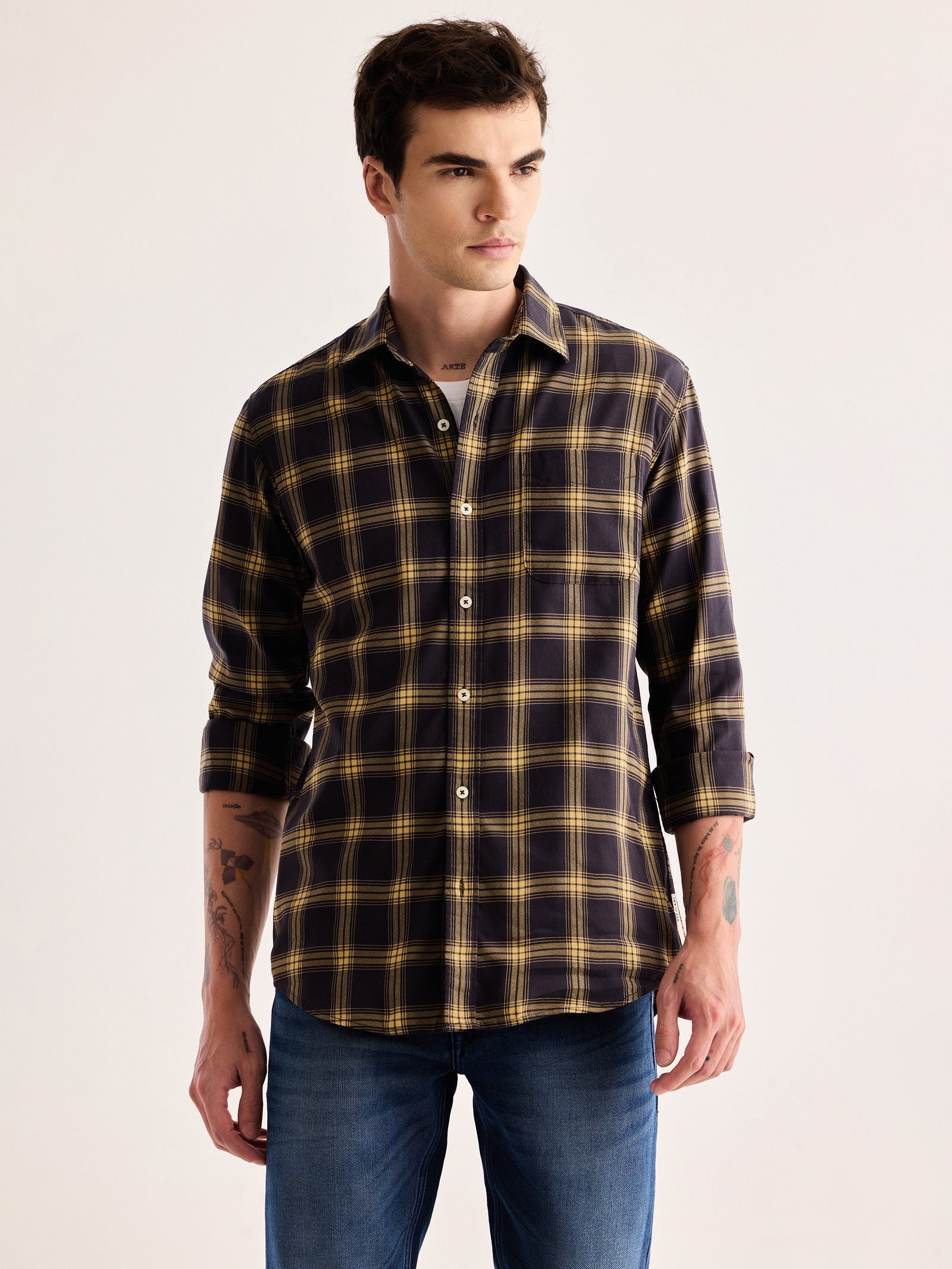 Grey Checked Stretch Shirt