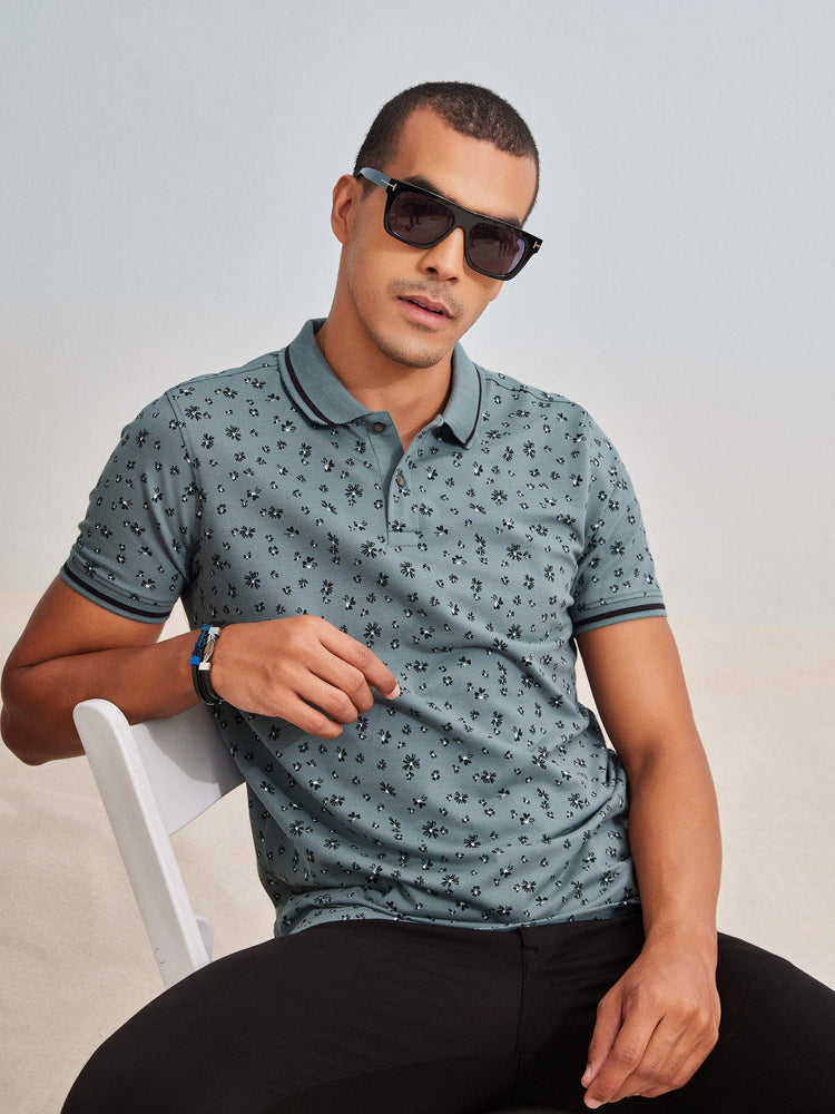 Grey Printed Stretch Polo T-Shirt