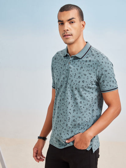 Grey Printed Stretch Polo T-Shirt