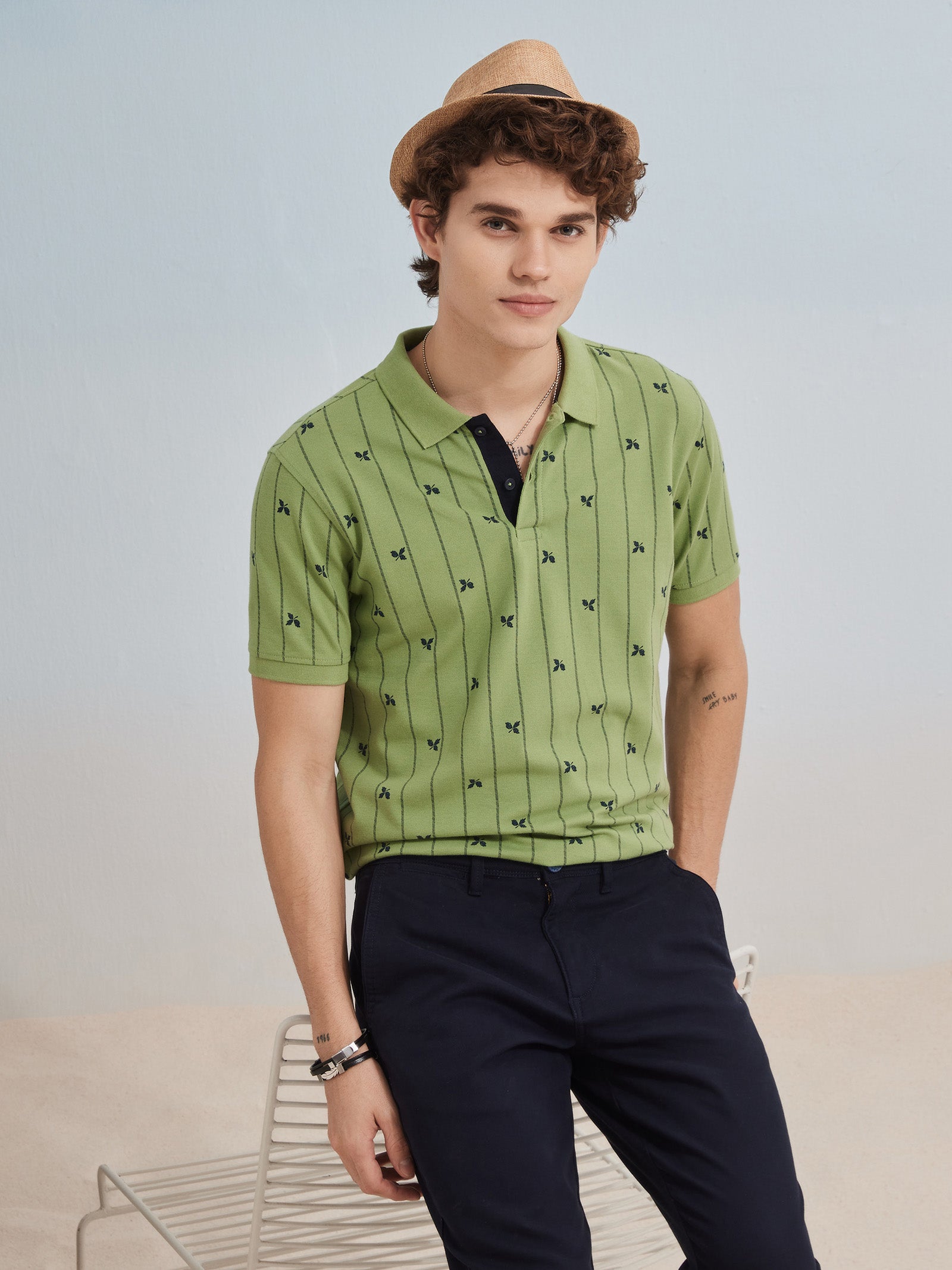 Green Printed Stretch Polo T-Shirt