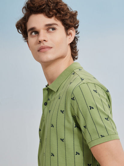 Green Printed Stretch Polo T-Shirt