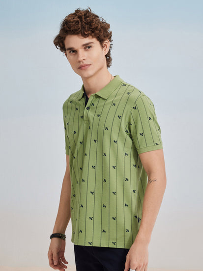 Green Printed Stretch Polo T-Shirt