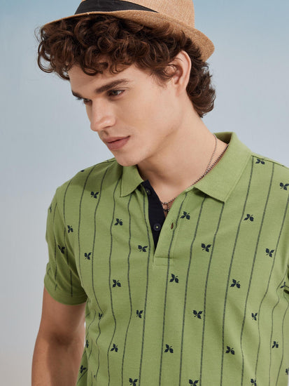 Green Printed Stretch Polo T-Shirt