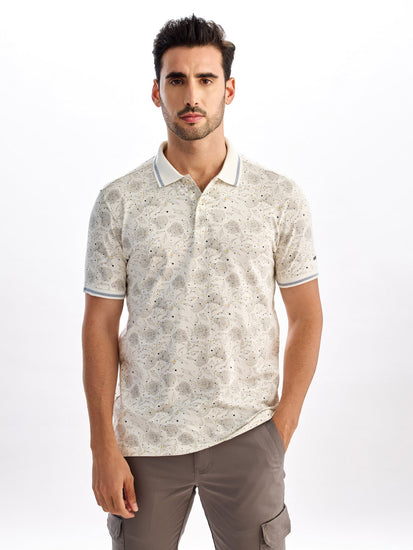 Cream Printed Polo T-Shirt