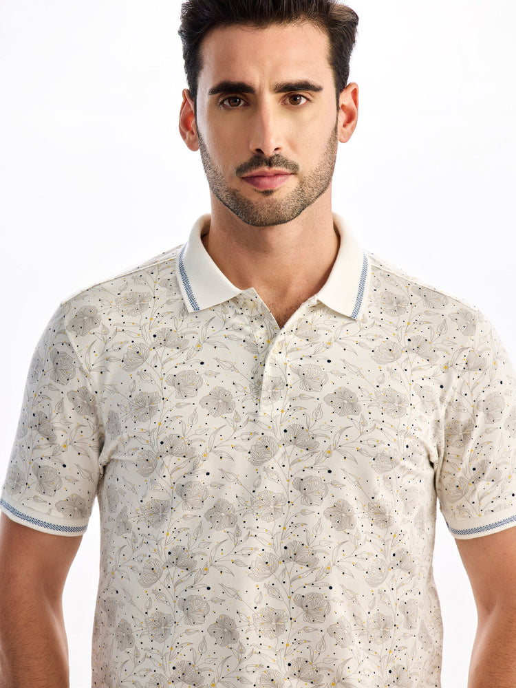 Cream Printed Polo T-Shirt