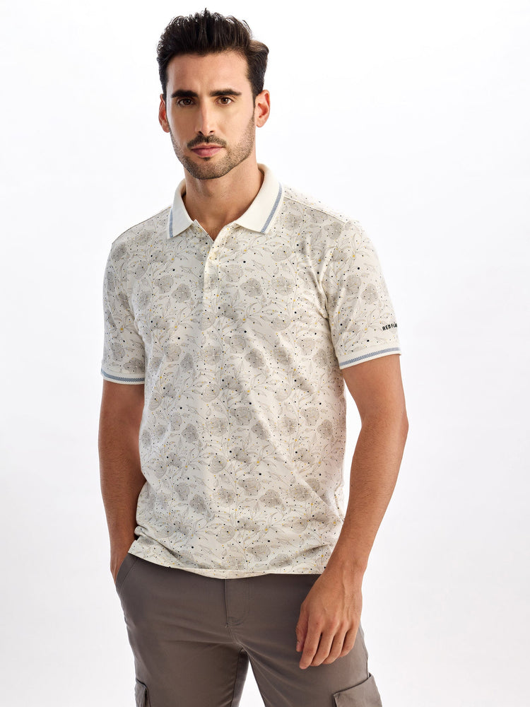 Cream Printed Polo T-Shirt