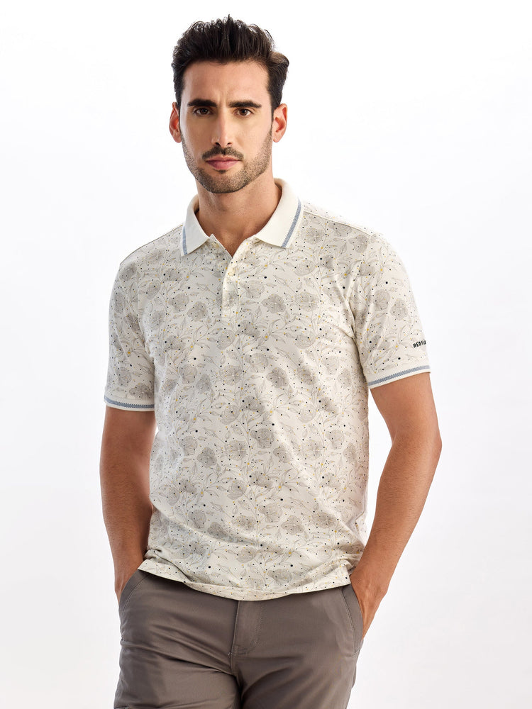 Cream Printed Polo T-Shirt