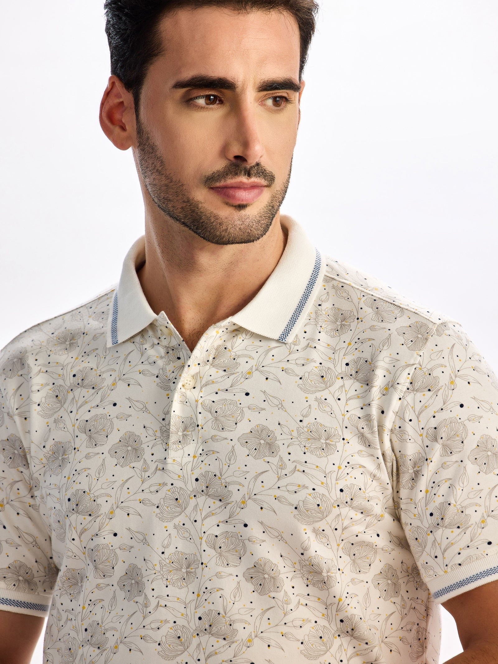 Cream Printed Polo T-Shirt